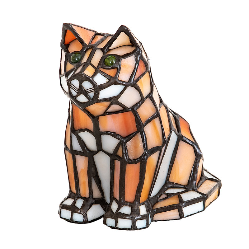 7" Charming White & Orange Stained Glass Cat Accent Lamp