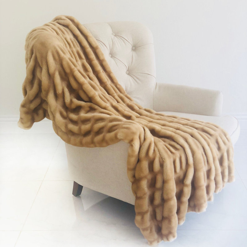 Beige Tissavel Mink Faux Fur Reversible Throw Blanket