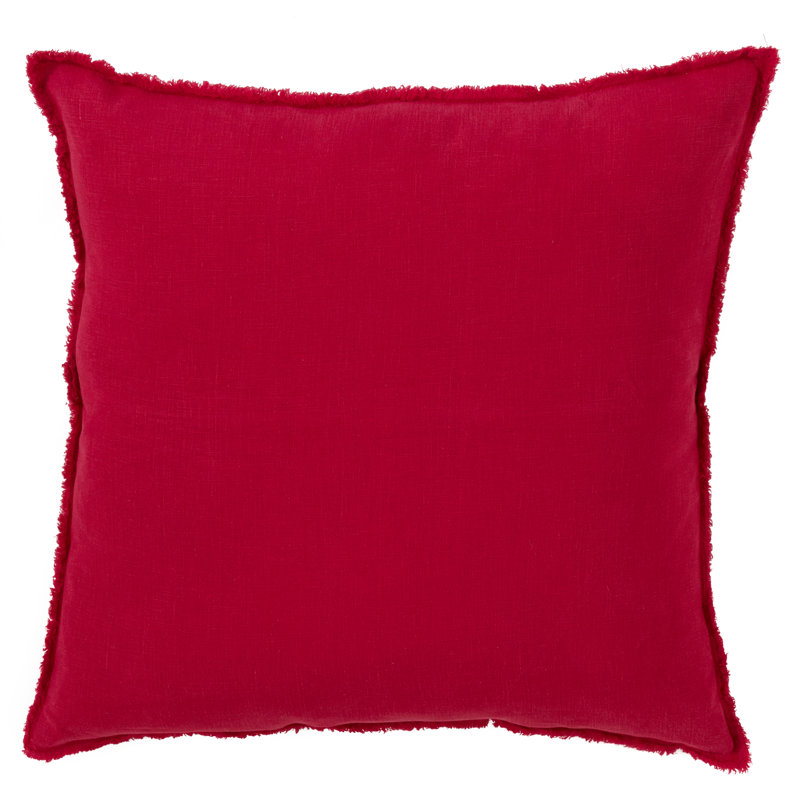 Red Linen Square Throw Pillow with Fringed Edges, Set of 2