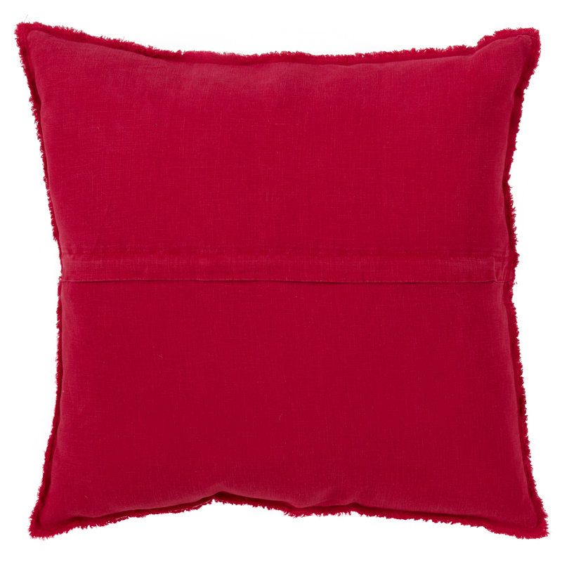 Red Linen Square Throw Pillow with Fringed Edges, Set of 2