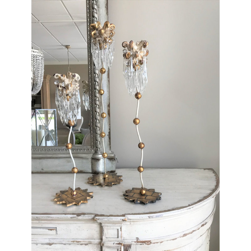 Elegant Venetian Crystal Candlestick with Distressed Gold Finish