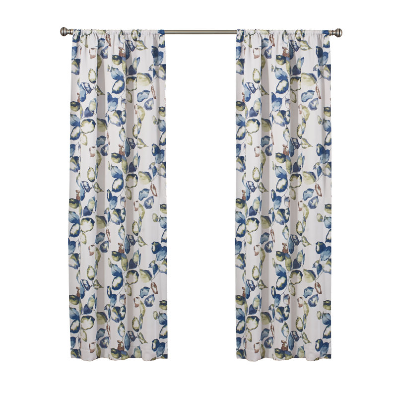 Blue Floral Polyester Room Darkening Curtain Panel