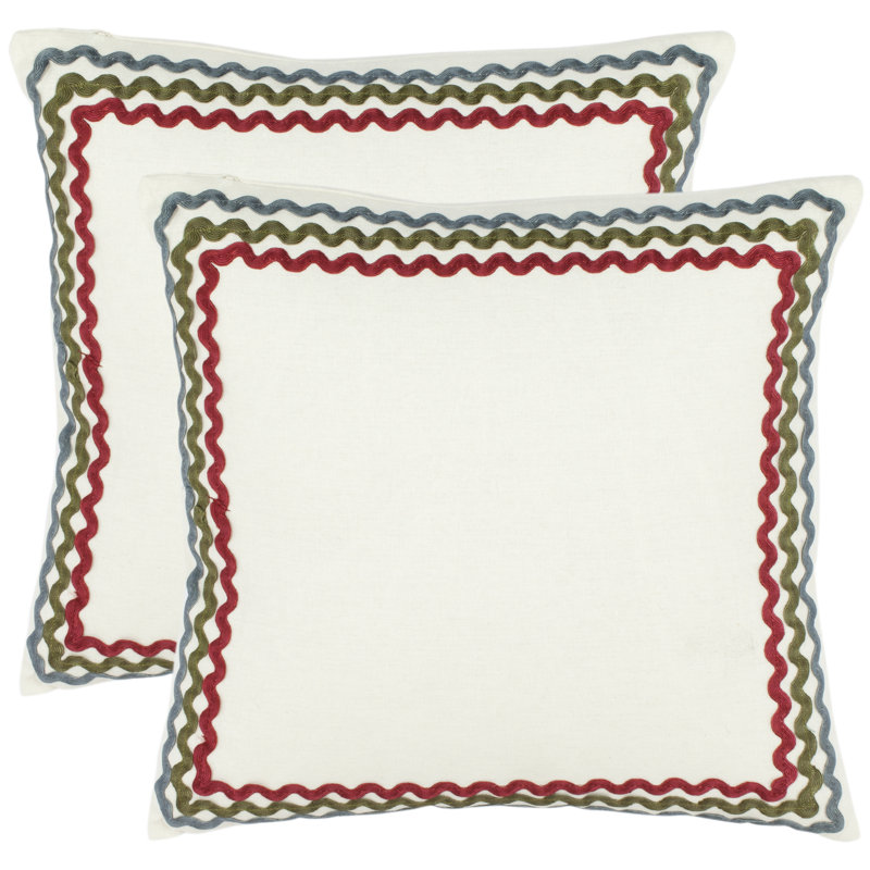 White Cotton Square Throw Pillows with Rickrack Trim, Set of 2