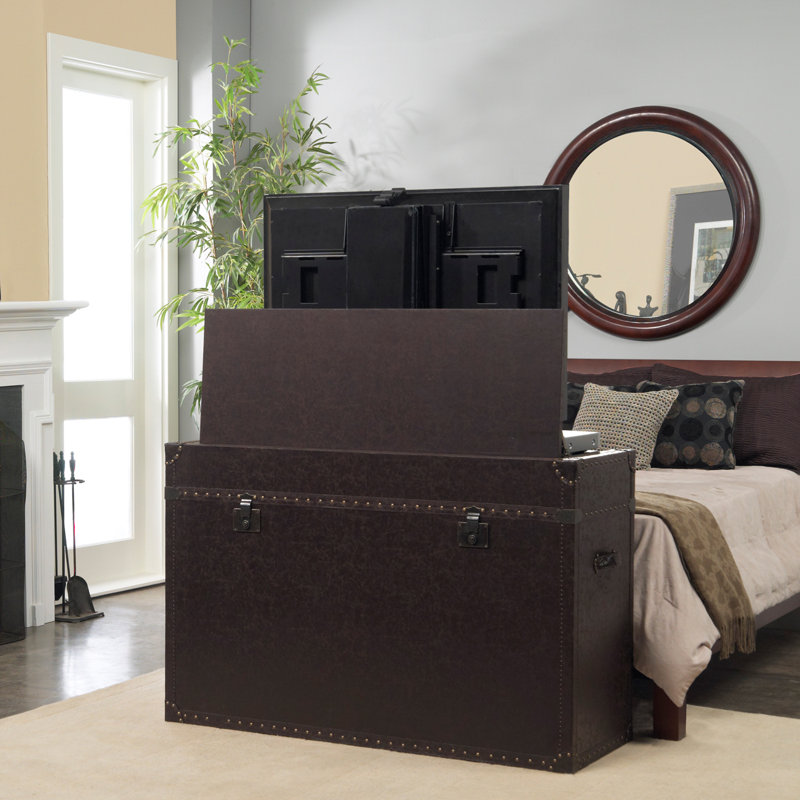 Elevate Rustic 46" Leather-Wrapped Motorized TV Lift Cabinet with Hand-Hammered Details