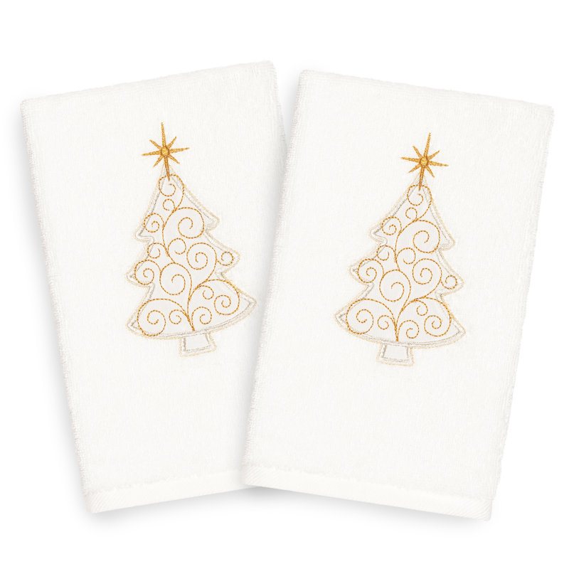White and Gold Christmas Tree Embroidered Turkish Cotton Hand Towels, Set of 2