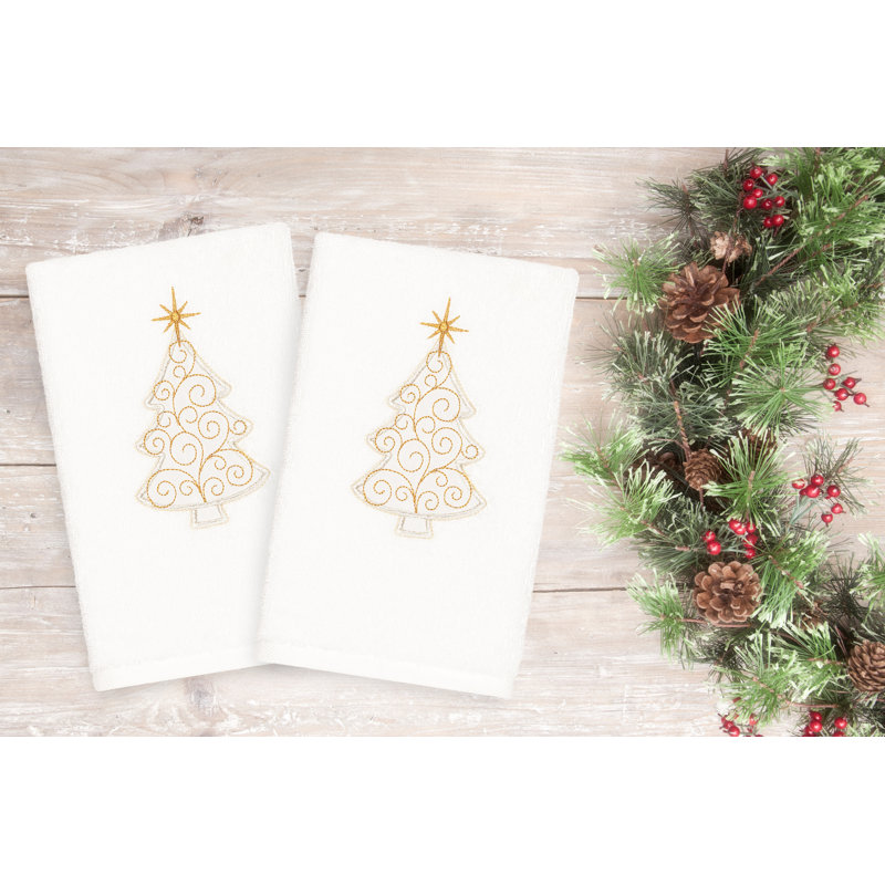 White and Gold Christmas Tree Embroidered Turkish Cotton Hand Towels, Set of 2