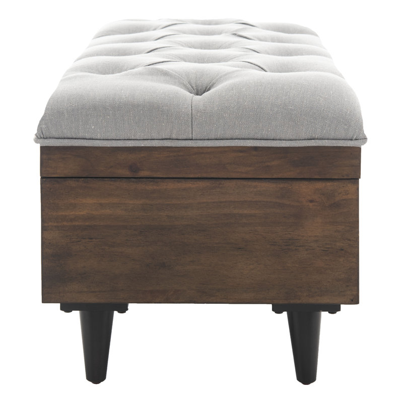 Transitional Tufted Cocktail Ottoman in Grey Linen & Dark Oak