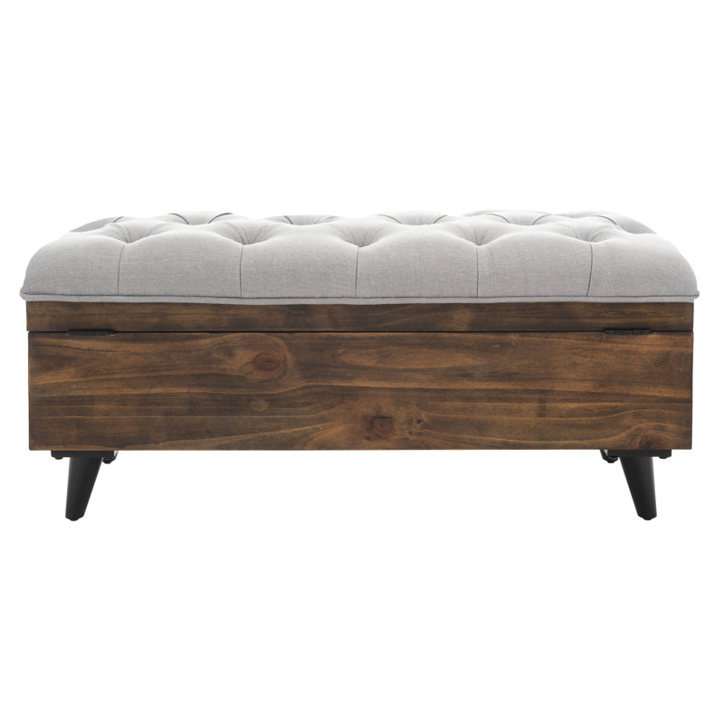 Transitional Tufted Cocktail Ottoman in Grey Linen & Dark Oak