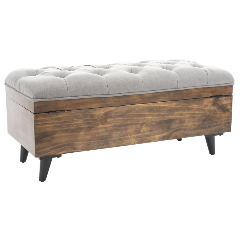 Transitional Tufted Cocktail Ottoman in Grey Linen & Dark Oak
