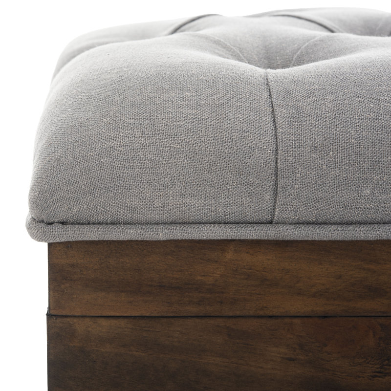 Transitional Tufted Cocktail Ottoman in Grey Linen & Dark Oak