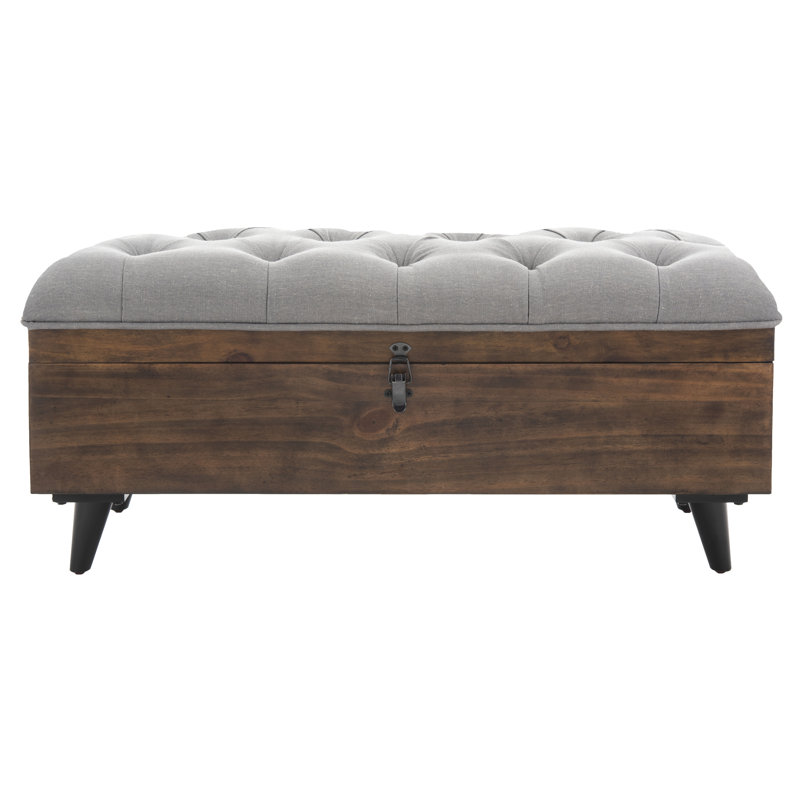 Transitional Tufted Cocktail Ottoman in Grey Linen & Dark Oak