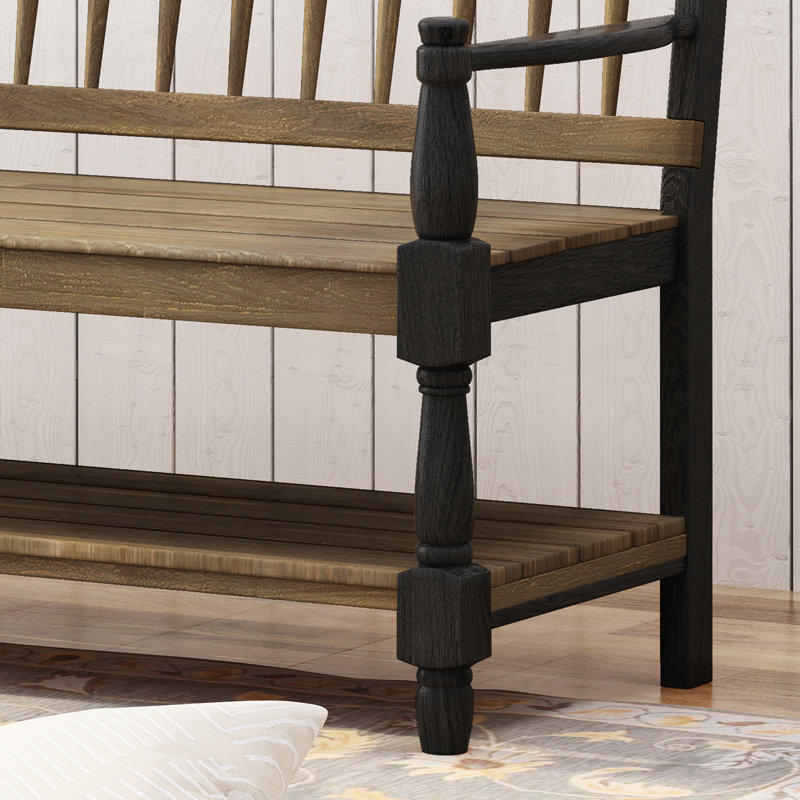 Gray and Black Acacia Wood Farmhouse Bench with Shelf