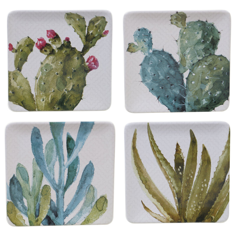 Cactus Verde 8.5" Square Ceramic Dessert Plates, Set of 4