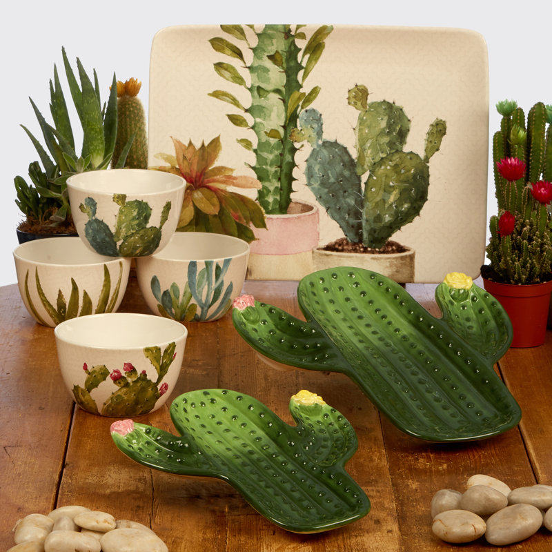 Cactus Verde 8.5" Square Ceramic Dessert Plates, Set of 4