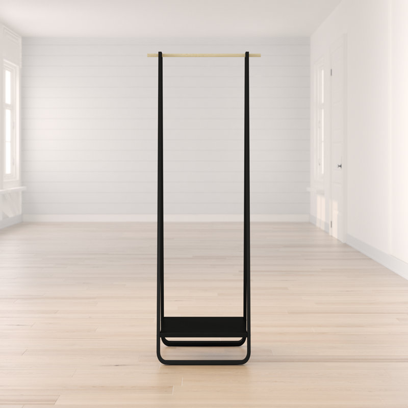 Slim Black Steel Freestanding Hanger Rack with Shelf