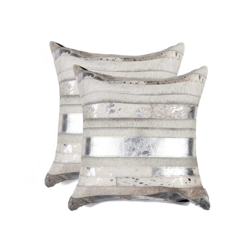 18" Square Silver and Gray Cowhide Pillow Set