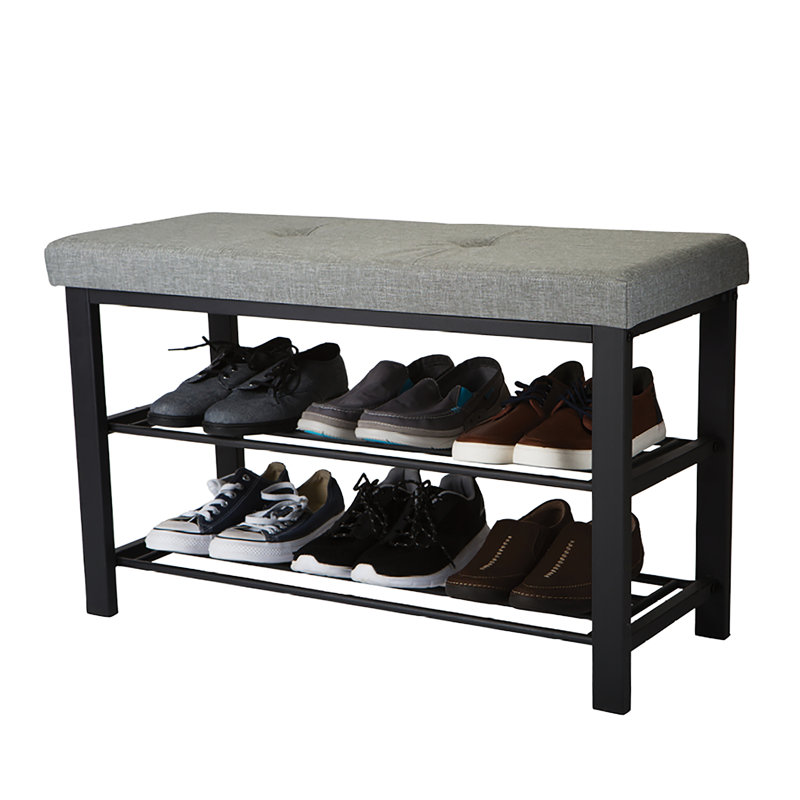Gray Metal Upholstered Storage Bench with Shoe Rack