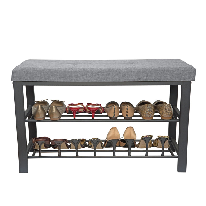Gray Metal Upholstered Storage Bench with Shoe Rack