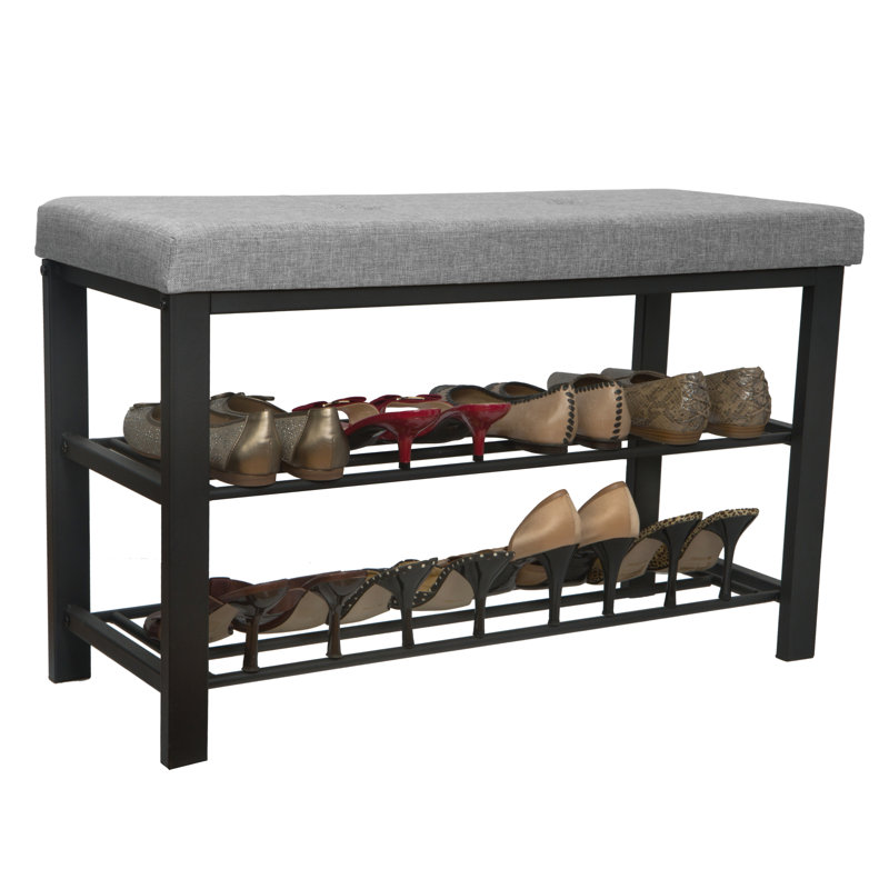 Gray Metal Upholstered Storage Bench with Shoe Rack
