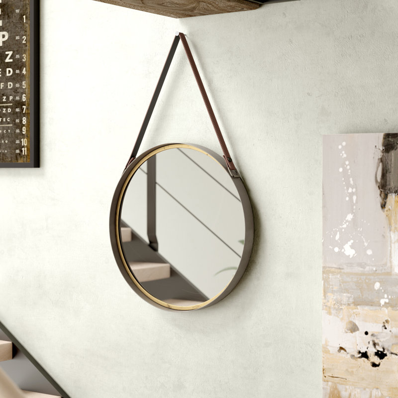 Contemporary Round Gold Metal Mirror with Leather Hang Strap