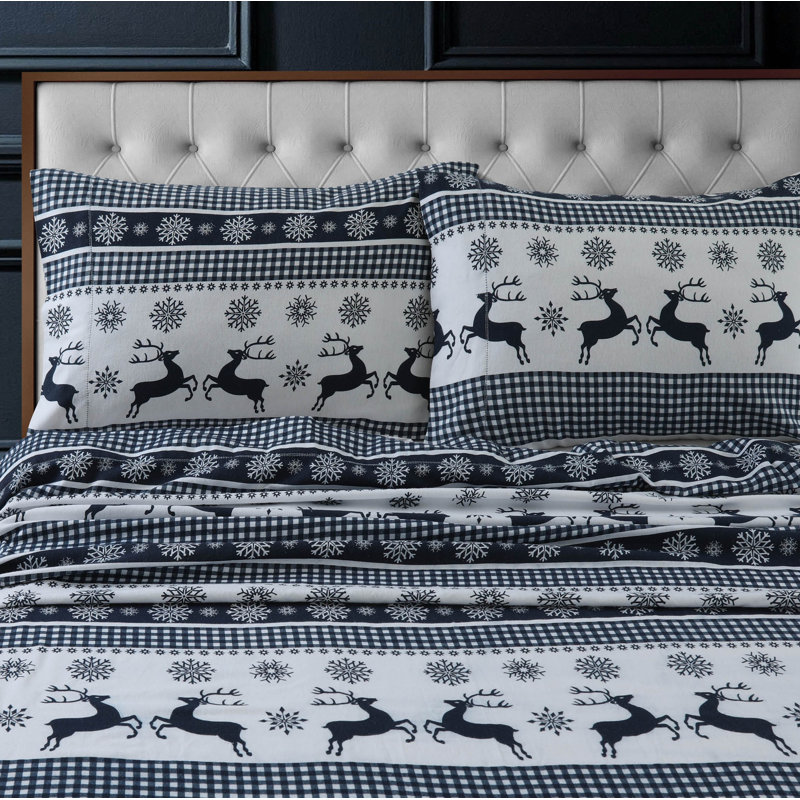 Navy and White Checkered Buck Print Cotton Flannel Bedding Set