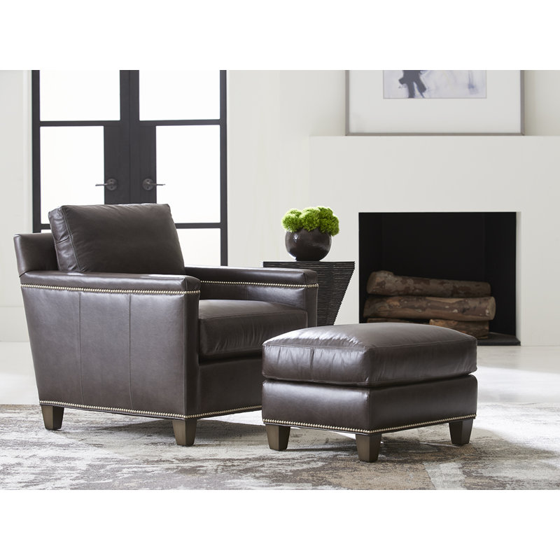 Misty Gray Leather Armchair with Pewter Nailhead Trim