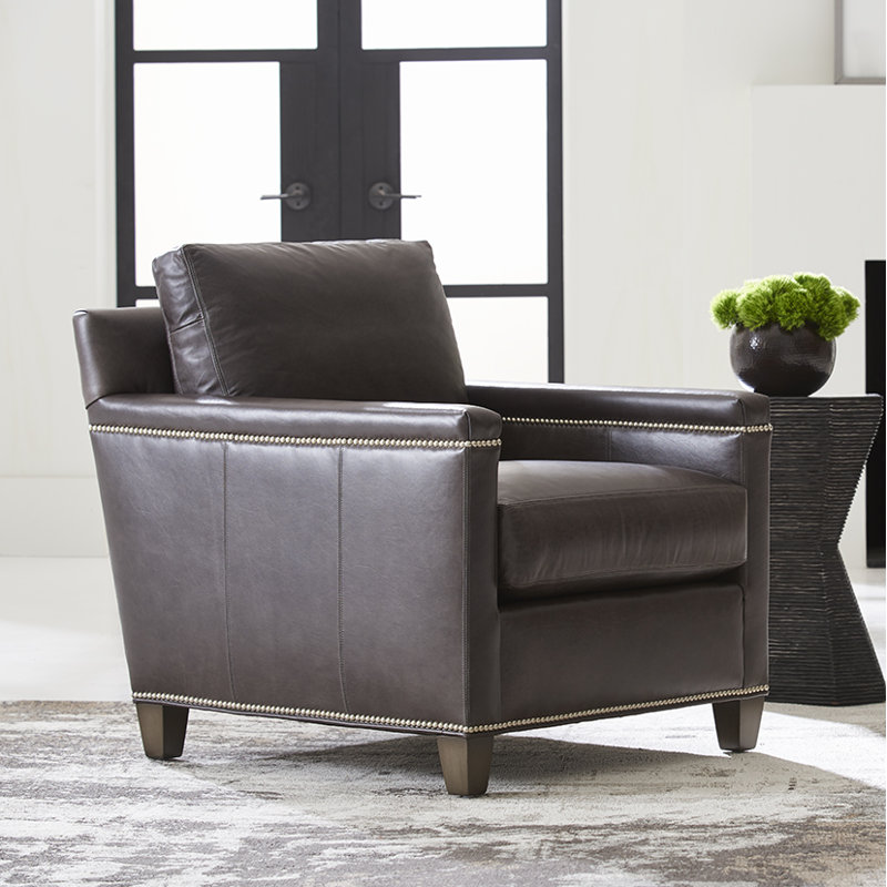 Misty Gray Leather Armchair with Pewter Nailhead Trim