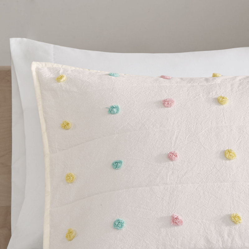 Callie Pom Pom Cotton Jacquard Full/Queen Quilt Set in Cream/Aqua/Teal