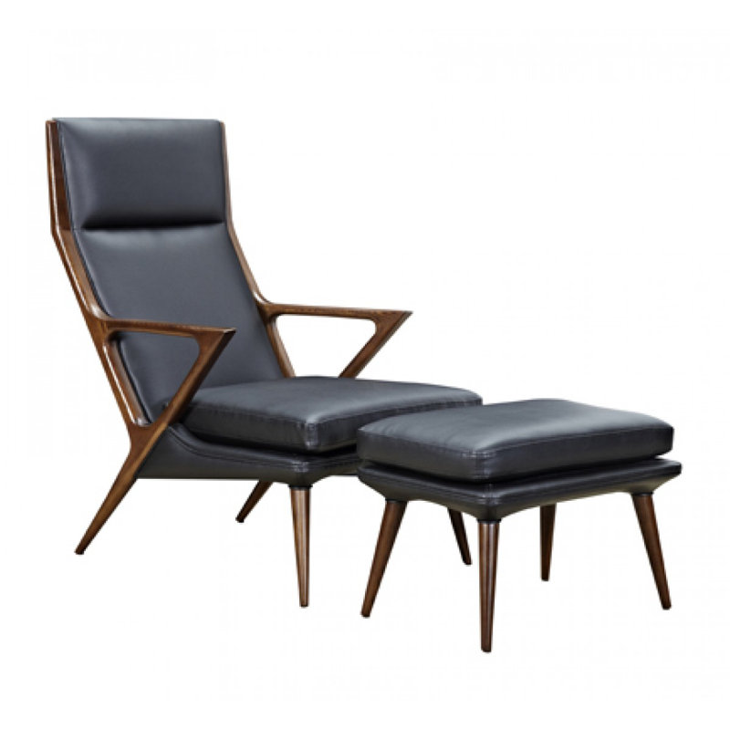 Black Faux Leather Lounge Chair with Ottoman and Ash Wood Frame
