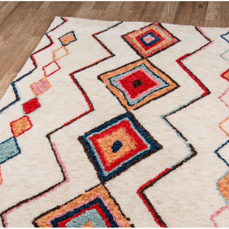 Vibrant Geometric Red Synthetic 7'6" x 9'6" Tufted Area Rug