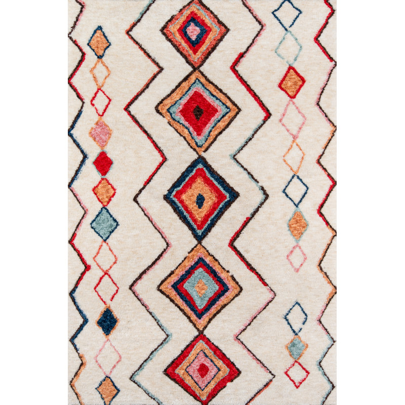 Vibrant Geometric Red Synthetic 7'6" x 9'6" Tufted Area Rug
