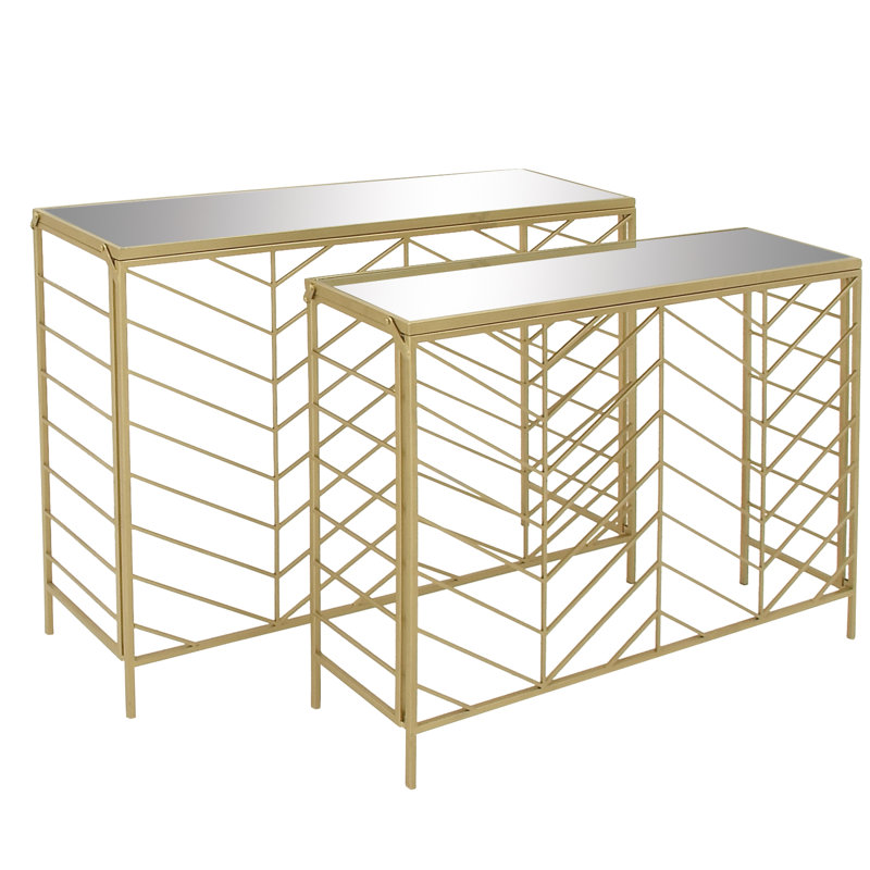 Elegant Gold Metal and Mirrored Glass Console Table Set, 42" and 39"W