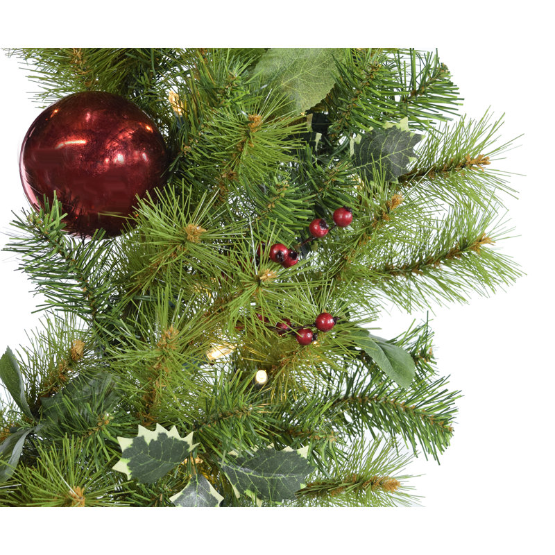 24-Inch Holly Berry Artificial Christmas Wreath Trio with Red Ribbon and LED Lights