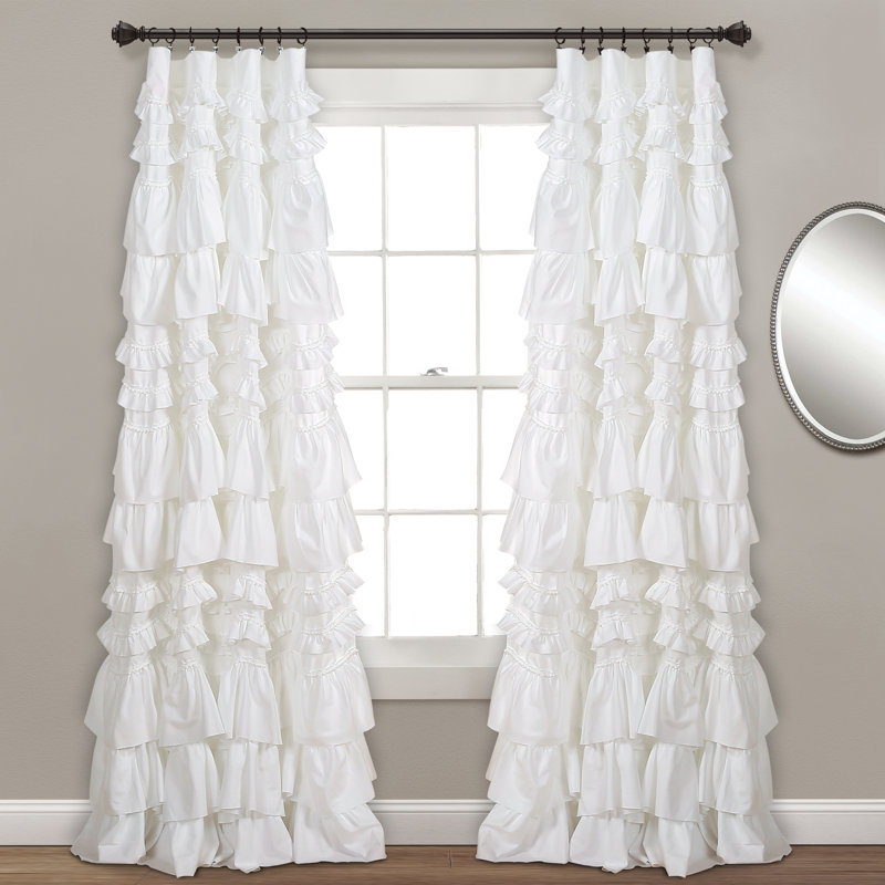 Kemmy White Ruffled Light-Filtering Polyester Curtain Panel