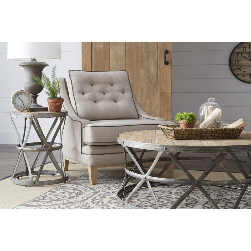 Round Brown Wood and Metal Coffee Table