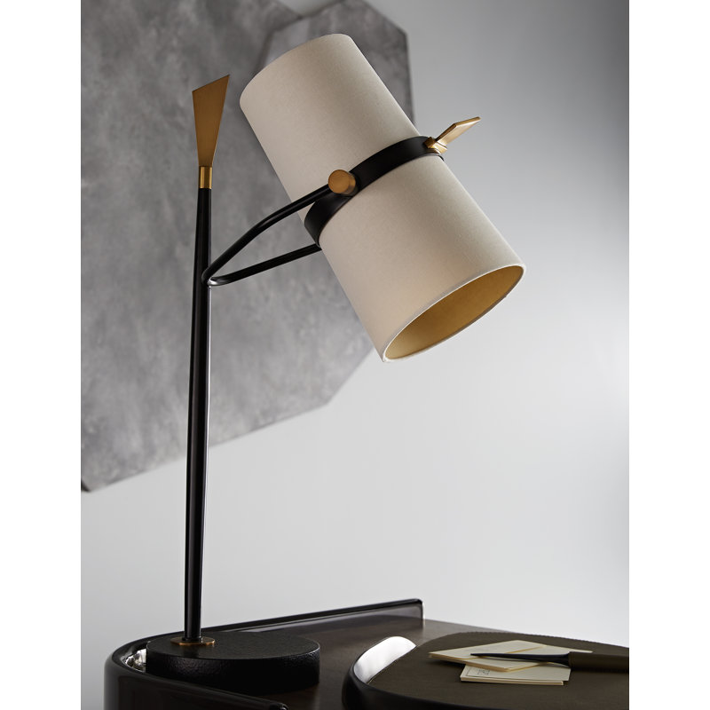 Yasmin Adjustable Black Iron Desk Lamp with Off-White Linen Shade