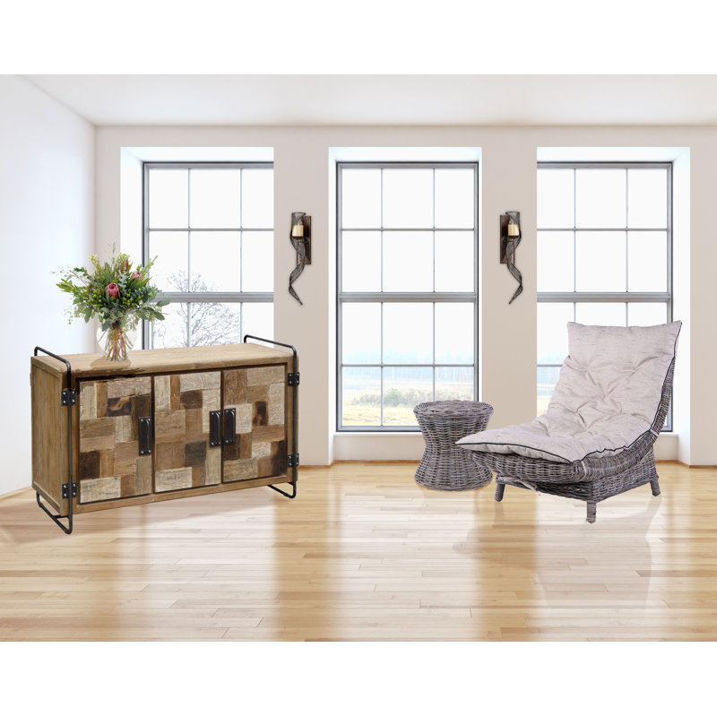 Handcrafted Rustic Teak Wood Media Console with Patterned Cabinet Doors
