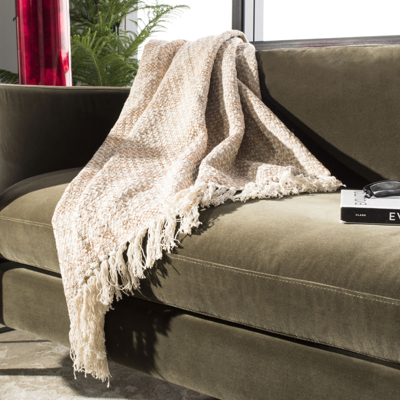 Beige and Copper Cotton Reversible Fringe Throw Blanket
