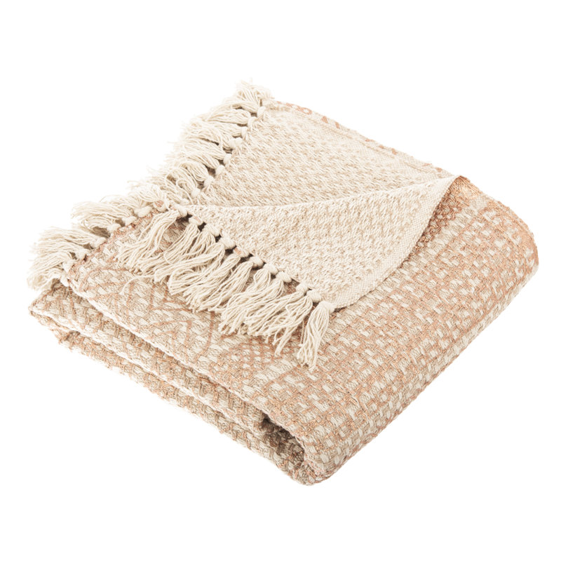 Beige and Copper Cotton Reversible Fringe Throw Blanket