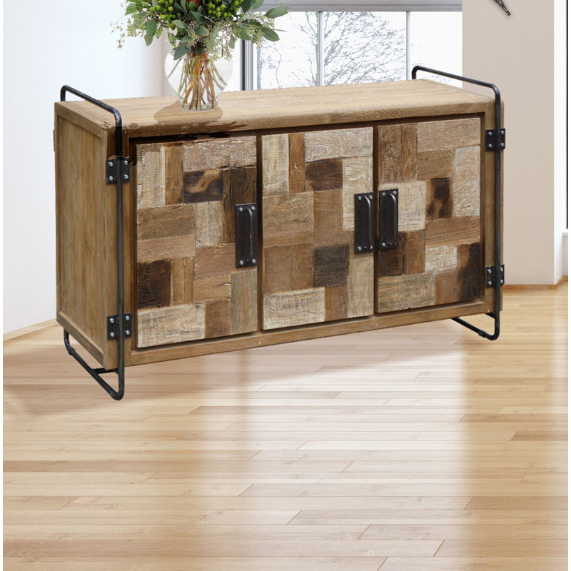 Handcrafted Rustic Teak Wood Media Console with Patterned Cabinet Doors