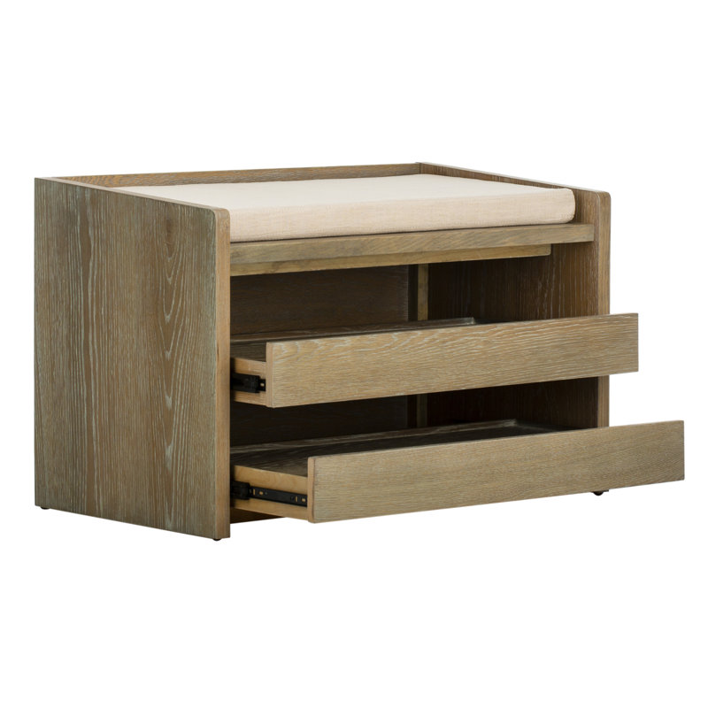 Percy Transitional 34'' Beige Linen and Rustic Oak Storage Bench