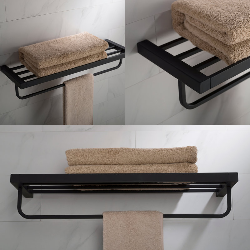 Matte Black Wall-Mounted Bathroom Shelf with Towel Bar