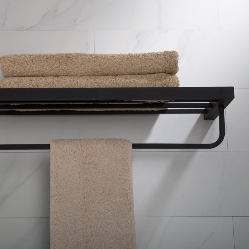 Matte Black Wall-Mounted Bathroom Shelf with Towel Bar