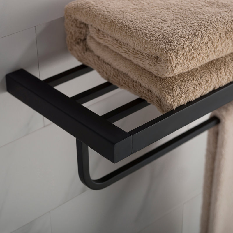 Matte Black Wall-Mounted Bathroom Shelf with Towel Bar