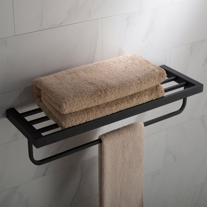 Matte Black Wall-Mounted Bathroom Shelf with Towel Bar