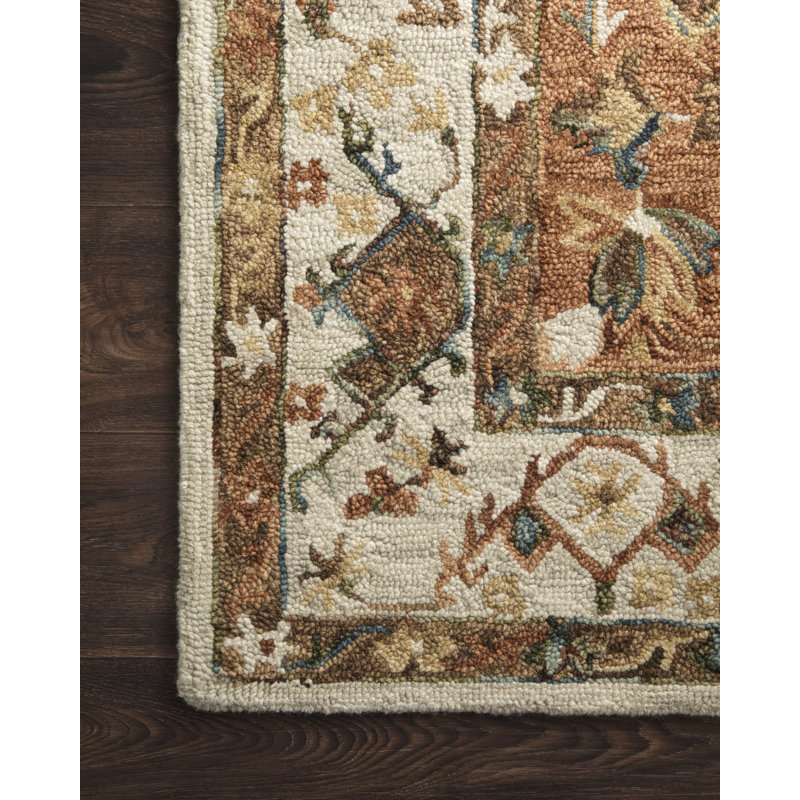 Handmade Ivory & Rust Floral Wool Area Rug 9'3" x 13'