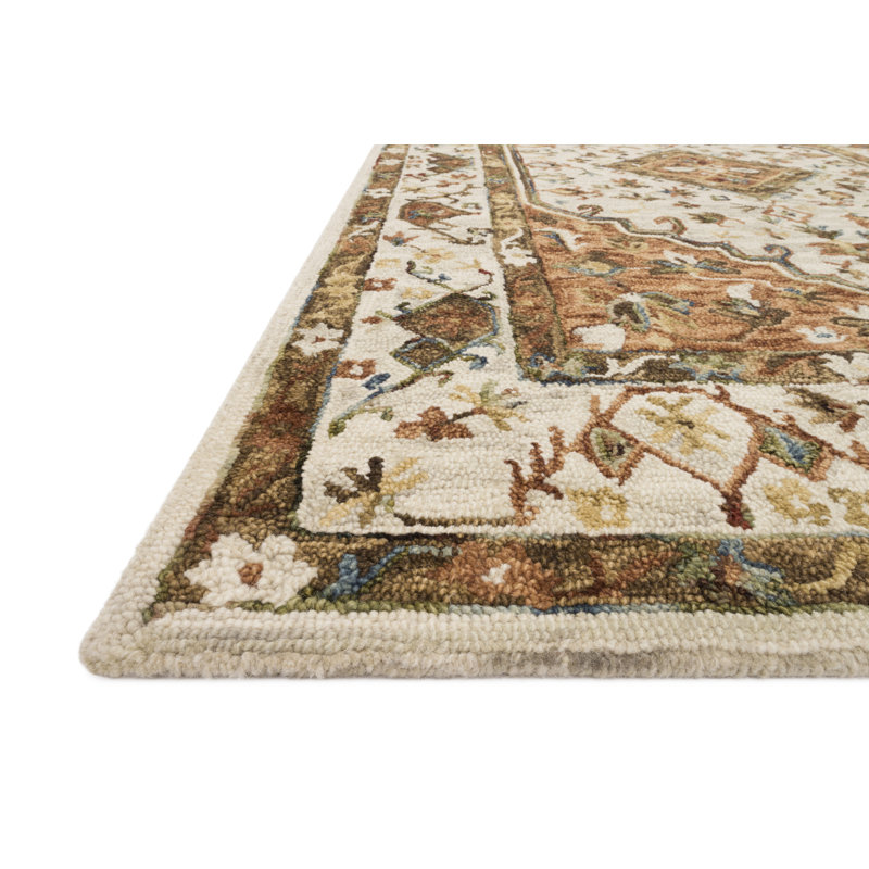 Handmade Ivory & Rust Floral Wool Area Rug 9'3" x 13'