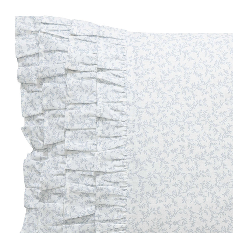Cottage Blue Vine Design 100% Cotton Ruffle Throw Pillow