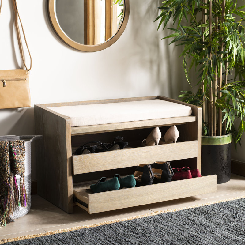 Percy Transitional 34'' Beige Linen and Rustic Oak Storage Bench