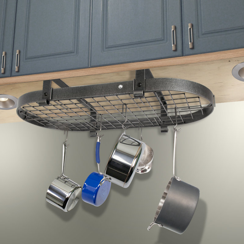 Hammered Steel Low-Ceiling Oval Pot Rack with Grid